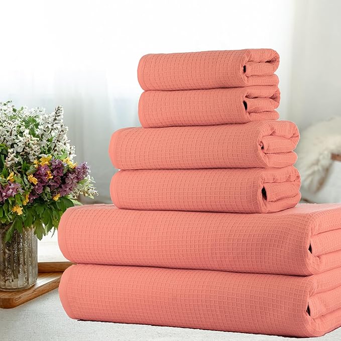 CASA COPENHAGEN Waffle Towel, 6Pieces 100% Cotton Large Towel Set- Malibu Peach, 2Bath 2Hand 2Washcloths Instant Absorb and Dry, Soft Strong Towels for Hotel Spa Kitchen Bathroom & Shower