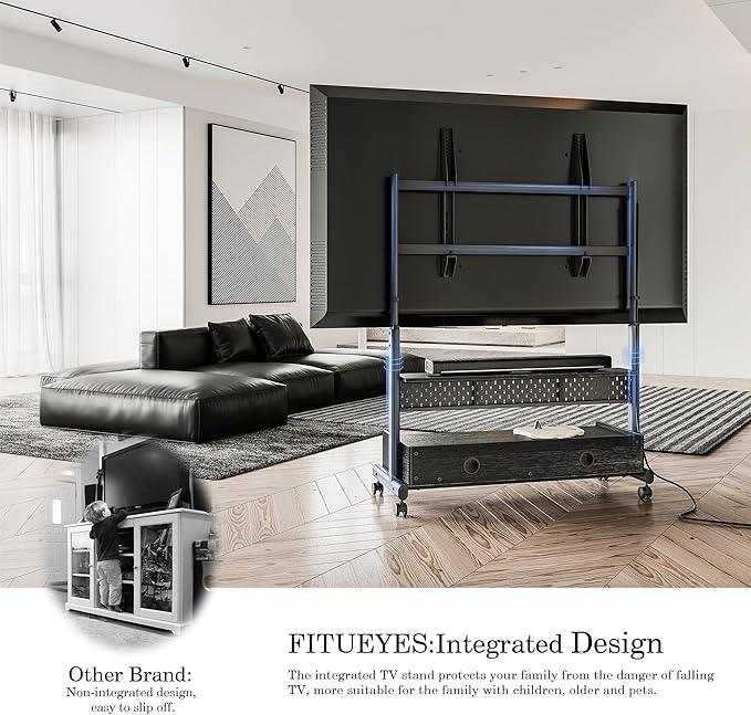 FITUEYES Rolling TV Stand Mount for 70 to 100 Large TV Screens，Mobile TV Floor Stand on Wheels with Ample Storage Pegboard & Wooden Shelf, Rolling TV Cart Hold up to 176 lbs, Max VESA 850 x 600