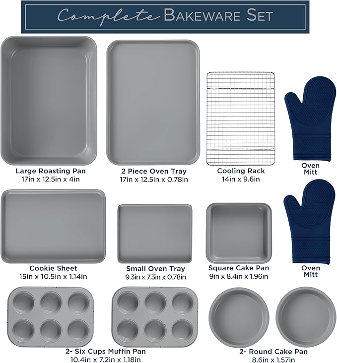 Country Kitchen Nonstick Stackable Bakeware Set - Durable, Easy Release Baking Set, Denim, 13 Pcs