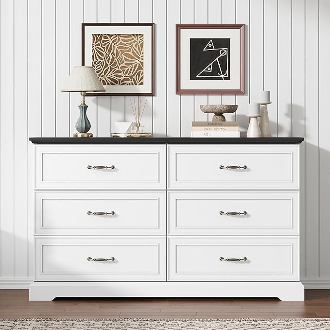Dresser for Bedroom with 6 Drawer, Farmhouse Dresser for Closet, 53'' Wide Rustic Wooden Chest of Drawers with Natural Wood Texture, Vintage Storage Organizer for Living Room, Hallway, White