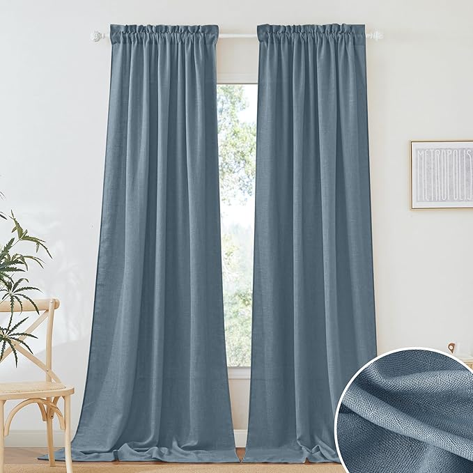 RYB HOME Extra Long Curtains, Flax Linen Woven Semi Translucent Privacy UV Protection Window Blinds Shades for Hotel Villa Cottage Lobby Living Room, Width 52 x Length 120 inch, Stone Blue, 2 Panels