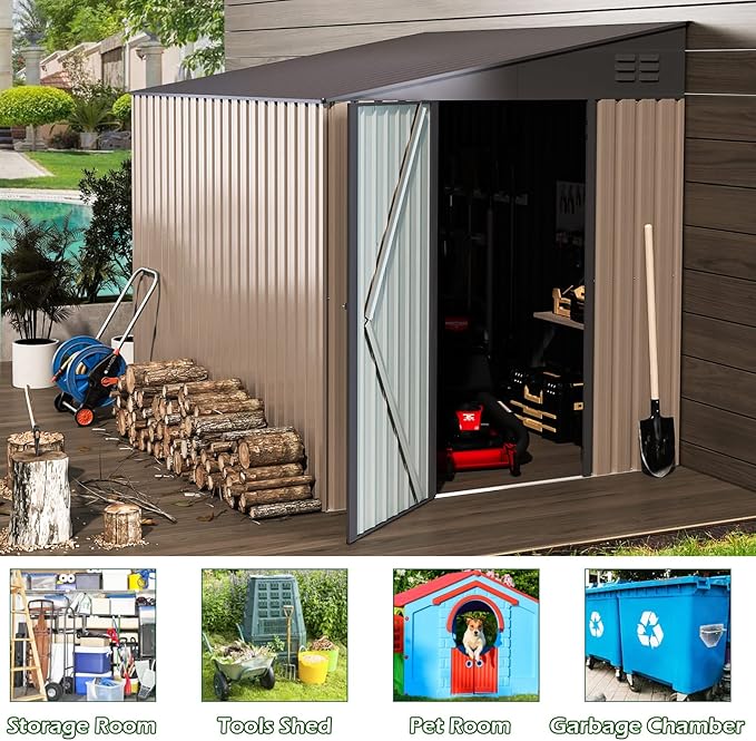 AECOJOY 6' x 8' Lean to Storage Shed Outdoor Storage, Storage Cabinet Shed Metal Wall Side Storage Sheds & Outdoor Storage, Garden Storage Cabinet for Backayrd, Patio, Outdoor Use in Grey