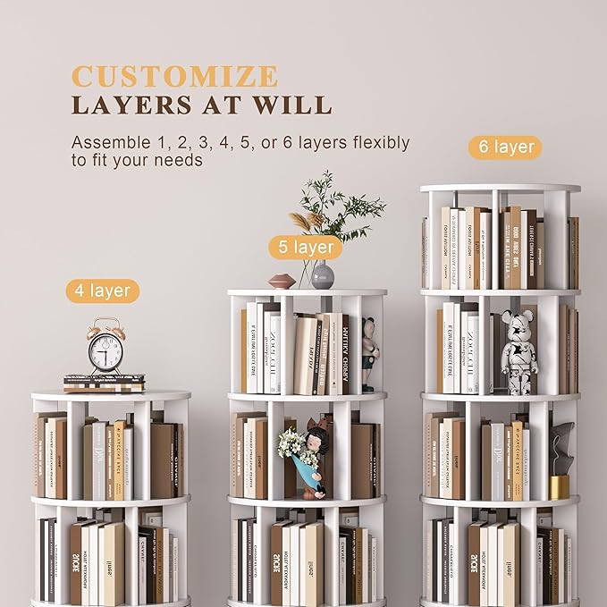 6 Tier Bookshelf Tower, 360° Solid Wood Spinning Bookcase with Swivel Wheels, Floor Standing Book Shelf for Small Space, Bookshelf for Home Office Study Room Bedroom Living Room