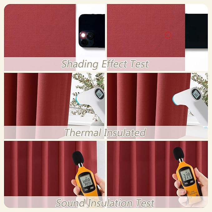 Guken Red Blackout Curtains 90 Inch Length 2 Panels Set for Living Room Bedroom Back Tab Thermal Insulated 100% Black Out Linen Drapes Room Darkening Window Curtains 90 Inches Long
