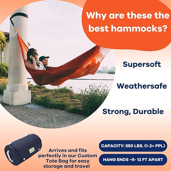 Handwoven Hammock by Yellow Leaf Hammocks - Family Size, Fits 2+ PPL, 550lb max - Weathersafe, Super Strong, Easy to Hang, Ultra Soft, Artisan Made - Color: Red - Orange