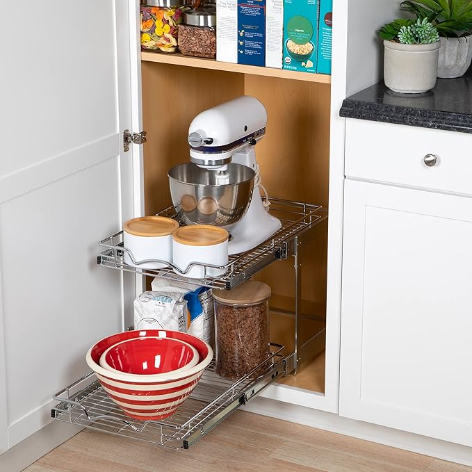 HOLDN’ STORAGE Pull Out Cabinet Organizer, Individual Sliding Drawers - Heavy Duty Metal with Lifetime Limited Warranty - Anti Rust Chrome Finish (Two Tier, 15" W)