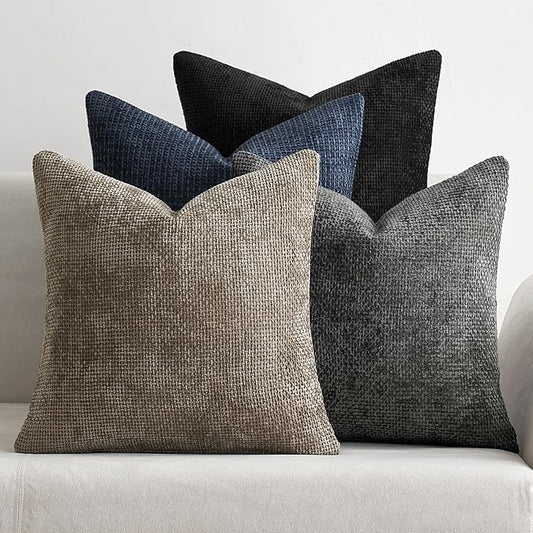 MIULEE Pack of 4 Couch Throw Pillow Covers 18x18 Inch Neutral Navy/Grey Soft Decorative Chenille Pillow Covers Farmhouse Accent Cushion Covers for Boho Home Decor Sofa Bedroom Living Room