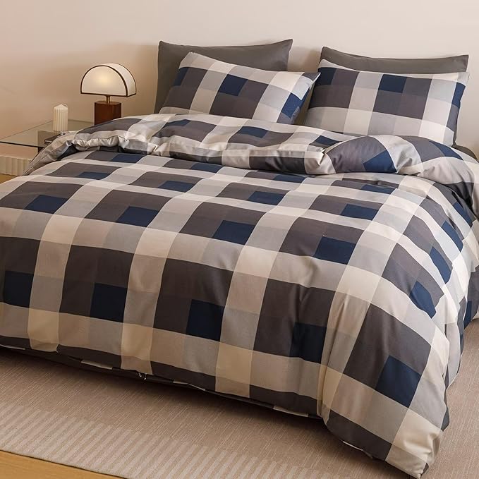 Luxlovery Checkered Navy Comforter Set Cal King Gingham Bedding Set Men's Bedding Grid Bedding Set Fluffy Soft Cottagecore Khaki and Blue Blanket Quilts with 2 Pillowcases California King Bed