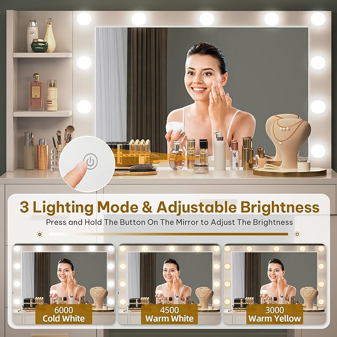 YITAHOME Vanity Desk with Mirror and Lights, Makeup Table with Charging Station, Large Vanity Set with 4 Drawers, Cute Makeup Desk with 6 Storage Shelves, White