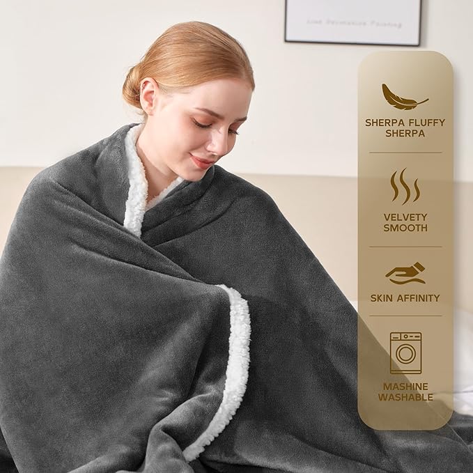 BEAUTEX Sherpa Fleece Throw Blanket Queen Size for Bed - Thick and Warm Blanket for Winter, Fluffy Flannel Plush Queen Blanket, Fuzzy Grey Cuddle Blankets for Bed (90" x 90", Grey)