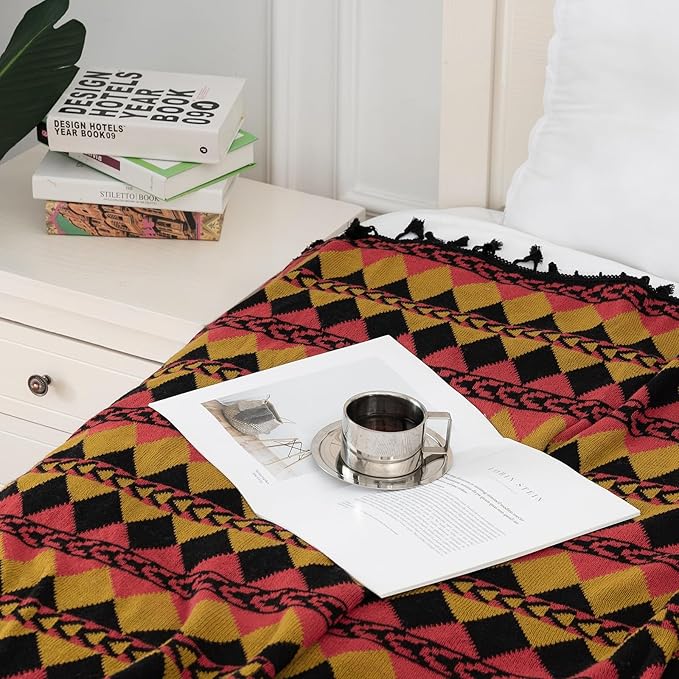 Gealaek Boho Throw Blanket Lightweight Soft Cozy Decorative Blankets for Sofa Bed Farmhouse Throw Blanket Aztec Blanket with Tassel Black Red Mustard Checkered 50" x 60"