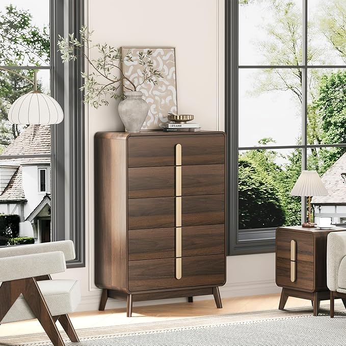Dresser for Bedroom with 5 Drawers,Mid Century Modern Dresser with Storage,31" Wide Modern Chest of Drawers with Metal Handles,Large Wood Drawer Organizer for Bedroom,Living Room,Walnut