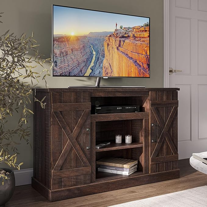 BELLEZE Industrial 47 Inch Rustic Wood TV Stand & Media Entertainment Center Console Table for TVs up to 50 Inch w/Open Storage Shelves & Cabinets - Veropeso (Espresso)