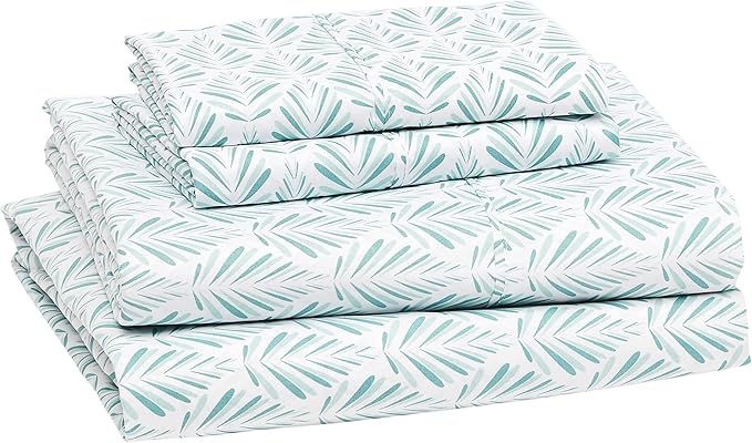 Amazon Basics Lightweight Super Soft Easy Care Comfortable Microfiber 4-Piece Bed Sheet Set with 14-Inch Deep Pockets, Queen, Aqua Fern, Printed