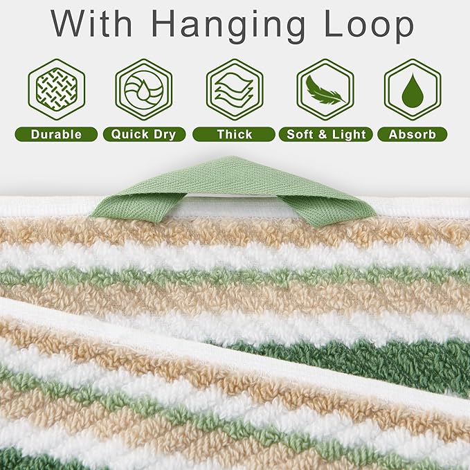 Green Striped Towels - 100% Cotton, Quick Dry, Soft & Absorbent, 3PC Luxury Towels Set (Bath 28"x52", Hand 16"x27", Wash Cloth 13"x13"), Stripe Shower Towel with Hanging Loop, Sage and Beige