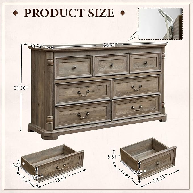 Yechen Rustic 7-Drawer Solid Wood Dresser for Bedroom & Living Room – Vintage Storage Cabinet with Decorative Hardware, Sturdy Construction & Versatile Organizing Solutions (Light Rustic Oak)