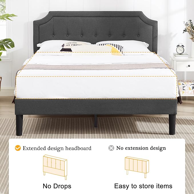 VECELO Full Size Platform Bed Frame with Fabric Upholstered Headboard and Wooden Slats Support, No Box Spring Needed/Easy Assembly,Grey