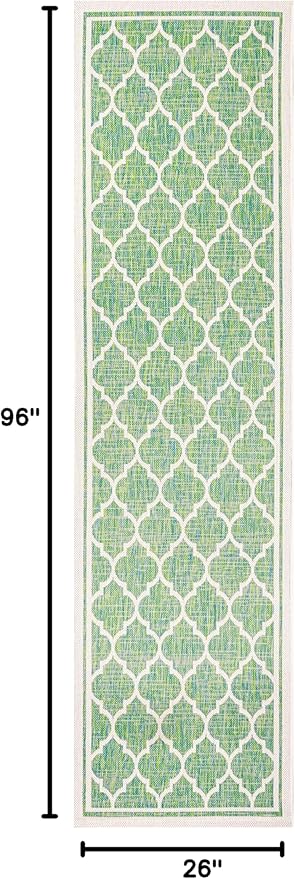 Eyely BMS109I-28 Santa Monica Trebol Moroccan Trellis Textured Weave Indoor/Outdoor Runner Rug Coastal;Bohemian, Bedroom, Backyard, Patio, Easy-Cleaning, Non-Shedding, 2 X 8, Cream/Green