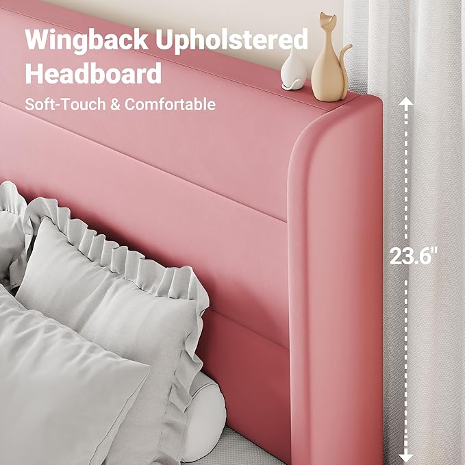 Allewie Queen Size Platform Bed Frame with Velvet Upholstered Wingback Headboard, No Box Spring Needed, Under Bed Storage Space, Strong Wooden Slats, Modern Mattress Foundation, Easy Assembly, Pink