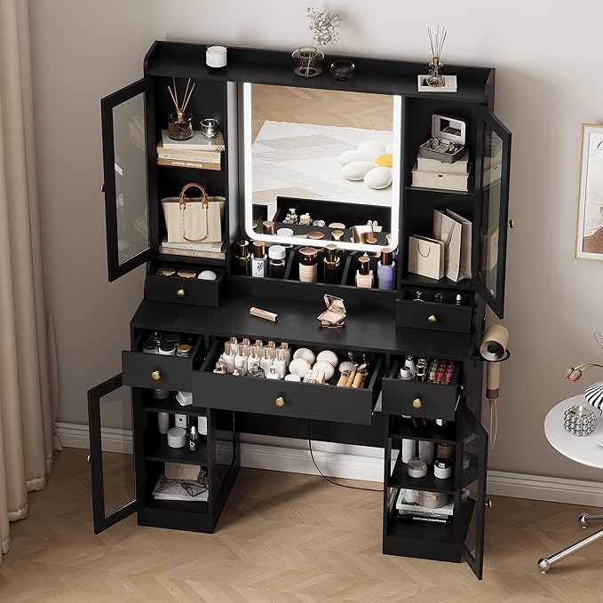 Black Vanity Desk with Mirror and Lights, Makeup Vanity Table with Lighted Mirror, 5 Drawers & RGB Cabinet, Dressing Table Set with Charging Station for Girls Bedroom, 3 Lighting Modes