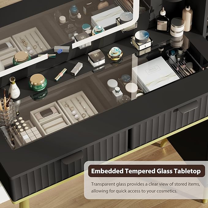 Vanity Desk with Mirror and Lights, Fluted Makeup Vanity with Glass top, 48" Big Modern Vanity with 5 Drawers & Glass Cabinet, Black Vanity with 3 Lighting Modes for Bedroom