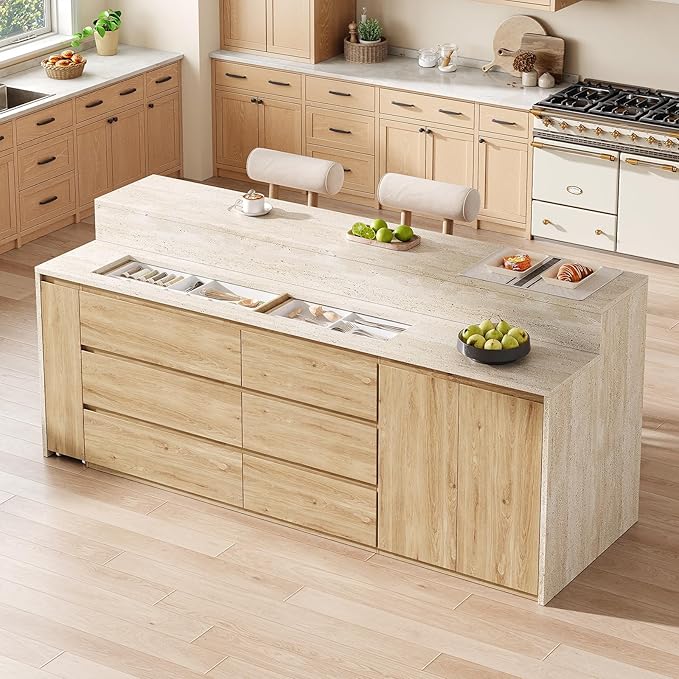 90.6"W Stationary Kitchen Island with Double-layer Countertop, Kitchen Island Storage Cabinet with Adjustable Shelves & 6 Drawers, Island table with Pull Out Spice Rack for kitchen , Dining Room