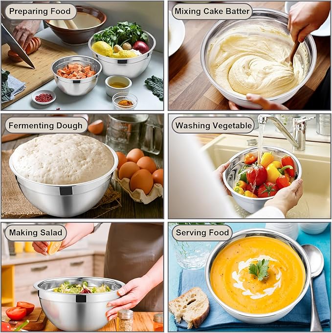 P&P CHEF Mixing Bowls with Lids Set of 6, Stainless Steel Nesting Salad Bowl & 3 Grater Attachments for Prepping Storing, 4.6/2.6/2/1.5/1/0.7 QT, Khaki