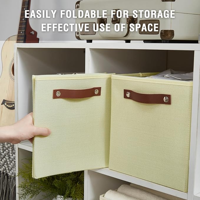 Collapsible Fabric Storage Cube Bins with 2 Reinforced PU Handles, Foldable Storage Organizer Baskets for Closet, Shelves, Living Room | 11"x11"x11", 4 Pack, Full Beige