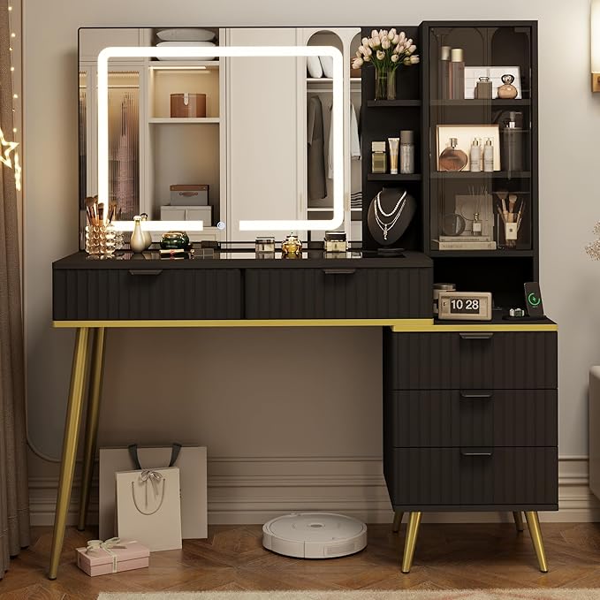 Vanity Desk with Mirror and Lights, Fluted Makeup Vanity with Glass top, 48" Big Modern Vanity with 5 Drawers & Glass Cabinet, Black Vanity with 3 Lighting Modes for Bedroom
