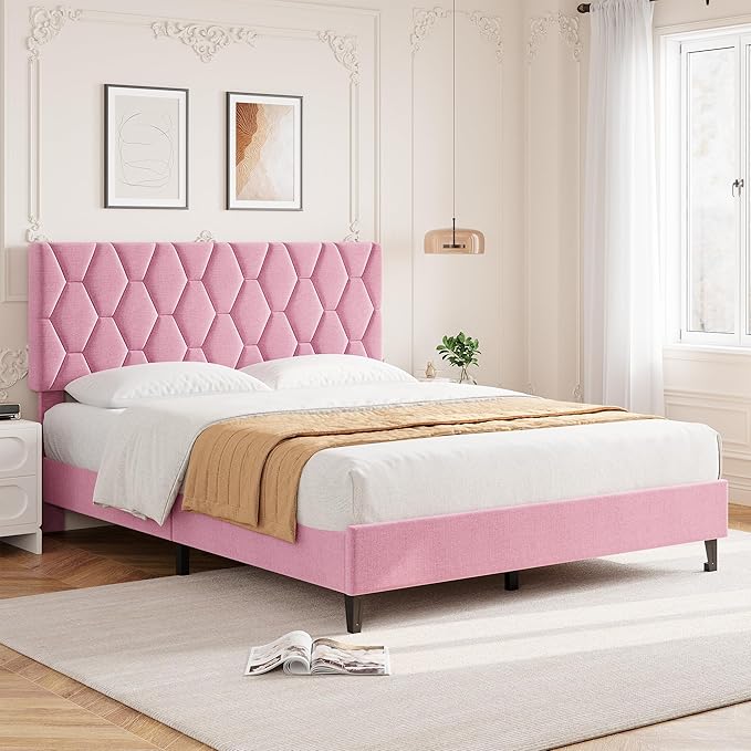 GAOMON Pink Full Bed Frame with Upholstered Headboard, Heavy-Duty Platform Bed Frame with Strong Wood Slats, No Box Spring Needed/Noise Free/Easy Assembly