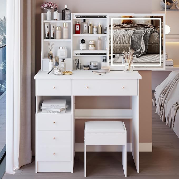 37" Vanity Desk with Mirror and Lights, Makeup Table with Led Lights and Sliding Mirror, 3 Lighting Colors, Vanity Set with 6 Drawers and Stool for Bedroom, White