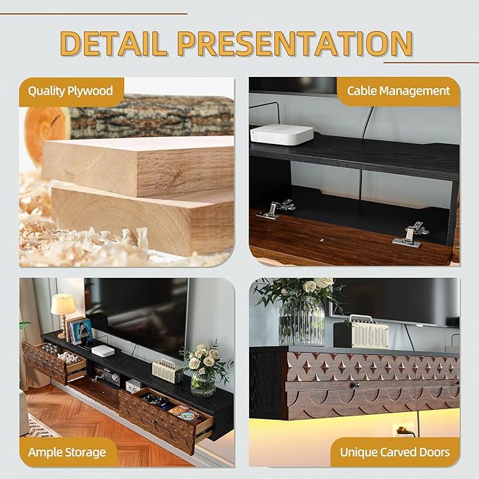 Fully-Assembled Floating TV Stand, Vintage Carved Floating Entertainment Center with Flip-Down Doors & Drawer, Walnut Wood Media Console Shelf Cabinet Under TV Storage for Living Room, 55IN