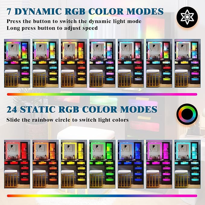 HNEBC Black LED Vanity, Makeup Vanity with RGB Lights and 6 Drawers for Bedroom, Makeup Desk with USB/Wireless Charging, Dressing Table with Shelves/Cabins/Stool, Vanity Table Set as Gifts for Girls