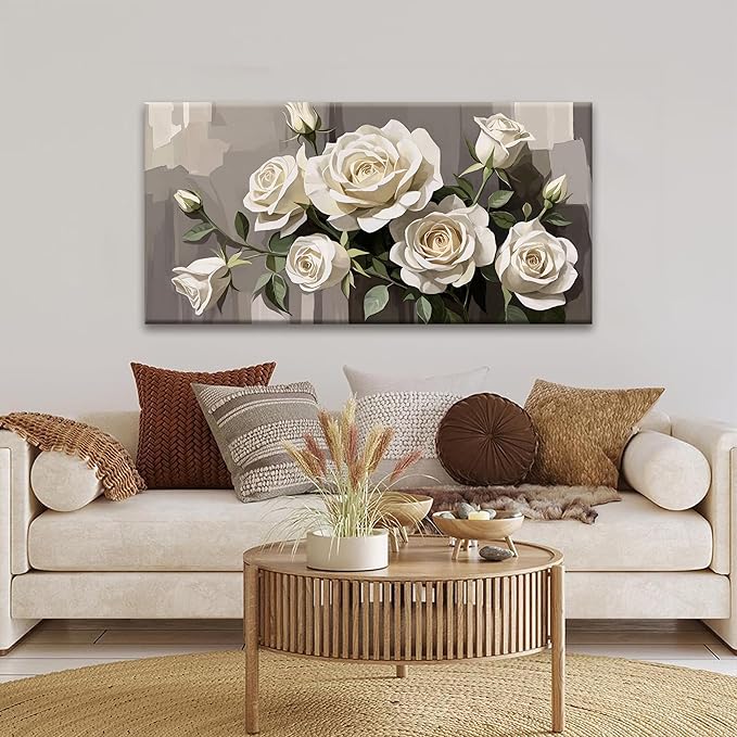 Tsomzxng Canvas Art Wall Decor White Flowers Wall Art For Living Room Picture Modern Landscape Wildflower Painting Home Wall Decor 24"X 48" Bedroom Office Artwork