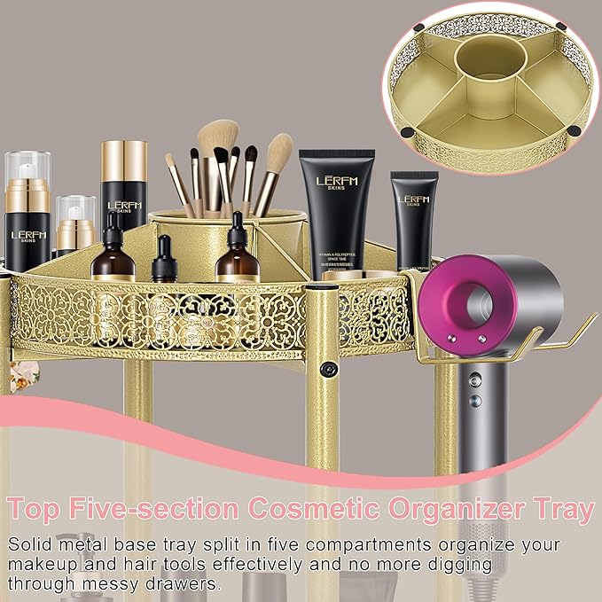 3-Tier Rolling Makeup Organizer Cart with Hair Dryer Holder - Salon-Grade Cosmetic Organizer, Mobile Bathroom Storage Cart for Skincare, Makeup Essentials -Locking Wheels (Gold Finish)