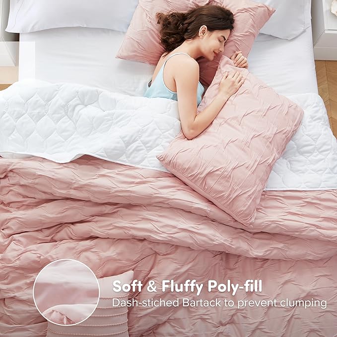 Comfort Spaces Twin/Twin XL Comforter Set for College Ogee Ruched Crinkle Texture Breathable Comforter Set Twin Dorm All Season Lightweight Bedding Set Shabby Chic Décor Pilow Pink 3 Piece