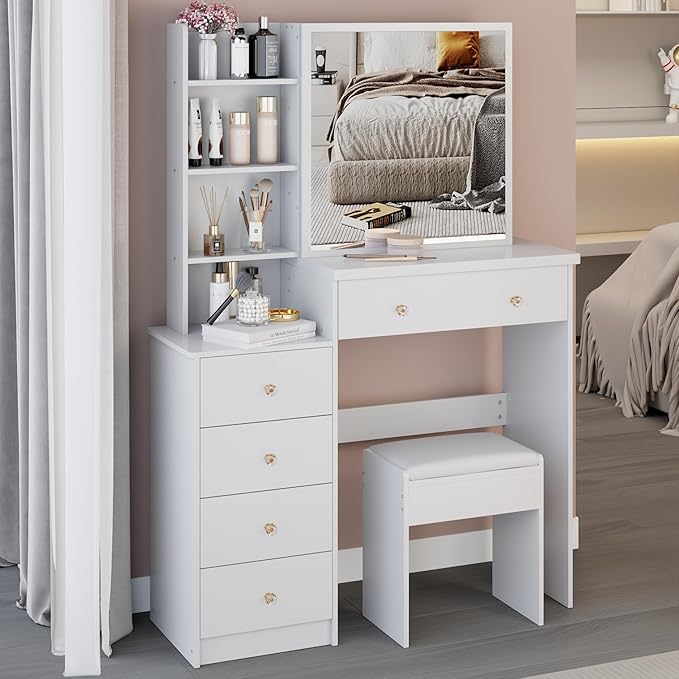 37" Vanity Desk with Mirror, Makeup Table with Sliding Mirror, Dressing Table with Multi Layer High Capacity Storage, Vanity Set with Drawers and Stool for Bedroom, White