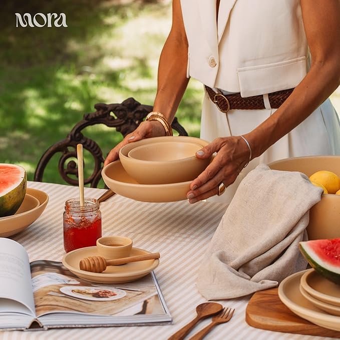 MORA Medium Dishes Set of 4, 30oz Ceramic Pottery Pasta Plate/Wide Bowls - Microwave, Oven and Dishwasher Safe - Merrigold