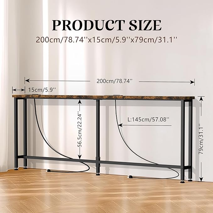 GRLEAF 78" Sofa Table with Built-in Power Strip (4 AC Outlets & 4 USB Ports) – 4.9ft Power Cord, Metal Frame, Easy Assembly, Long Couch Table Behind Sofa, Living Room and Home Office | Rustic Brown