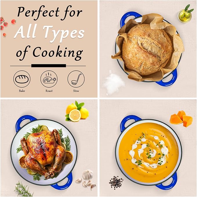 Romswi Enameled Cast Iron Dutch Oven Set - 3qt & 5.5qt Dual Combo - 7-Layer Professional Grade Dutch oven pot with lid - Oven Safe for Braising, Stews, Roasting, Bread Baking - Blue Bread Dutch Oven