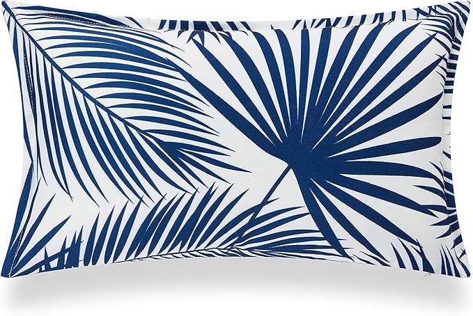Hofdeco Premium Coastal Hampton Style Patio Indoor Outdoor Lumbar Pillow Cover Only, 12"x20" Water Resistant for Backyard, Couch, Navy Blue Palm Leaf