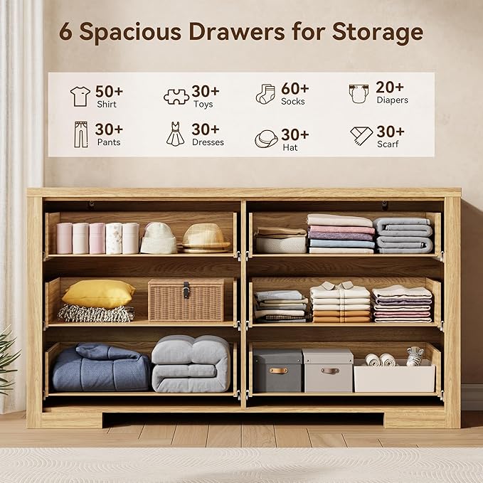 Fluted 6 Drawers Dresser for Bedroom, 54" Modern Chest of Drawers with Metal Handle, Wood Closet Clothes Storage Organizer for Living Room, Hallway, Entryway, Natural Oak
