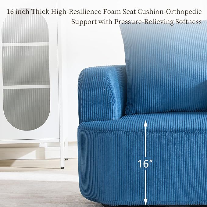 Furnimart 360° Swivel Barrel Accent Chair, Round Upholstered Comfy Lounge Chair, Corduroy High-Resilienc Foam Single Sofa, No Assembly Wide Seat for Living Room, Bedroom, Apartment (Blue)