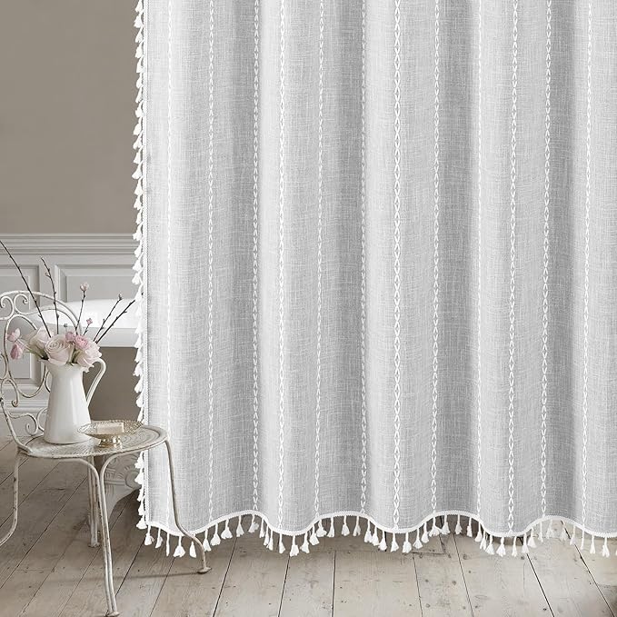 MitoVilla Boho Farmhouse Shower Curtains for Modern Farmhouse Bathroom Decor, Grey Country Thick Polyester Linen Fabric Shower Curtain, Rustic Tassel Cloth Shower Curtain, 72 x 72, Light Grey