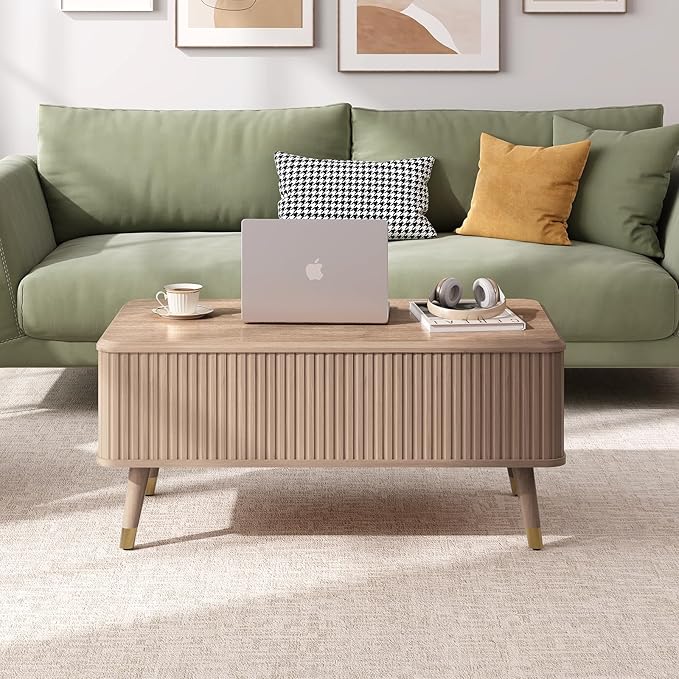 Lift Top Coffee Table, Mid Century Modern Coffee Table with Hidden Storage Compartment, 38" Fluted Center Table for Living Room, Home Office, Natural Oak