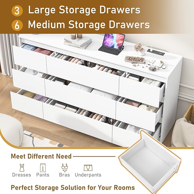 White Malm Dresser for Bedroom, 63 Inch Long 9 Drawers Dresser with Charging Station, Modern Large Wood Chest of Drawers Handle Free for Bedroom, Living Room, Entryway, Hallway, White