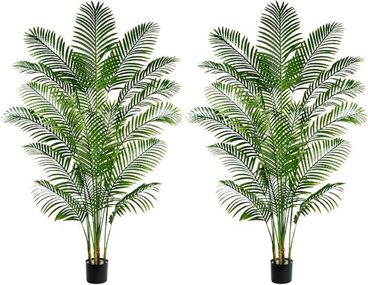 2 Pack Artificial Palm Tree 7FT Artificial Plants Indoor Tropical Fake Palm Tree Areca Floor Plant in Black Pot with 18 Trunks & Real Bark Design, Faux Palm Plant for Outdoor Patio Home Office Decor