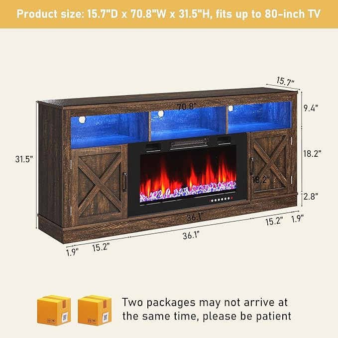 Farmhouse TV Stand with 36" Fireplace for 80" TV, 70" Fireplace Entertainment Center with Barn Doors and LED Light, Tall TV Stands for Living Room, Brown