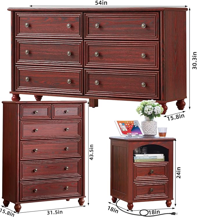 Farmhouse Dressers & Night Stand Set of 3, Wood 54" Wide 6 Drawer Dresser & 43.5"Tall Chest of Drawers, 18" with Charging Station Nightstand, Bedroom Furniture Dresser Set for Home Living Room Hallway