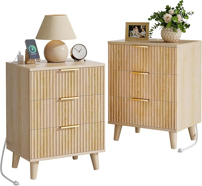 Lulive Wood Night Stand Set 2 Fluted Dresser for Bedroom 3 Drawers End Tables Living Room Nightstand with Charging Station, Storage Modern Side Table Natural